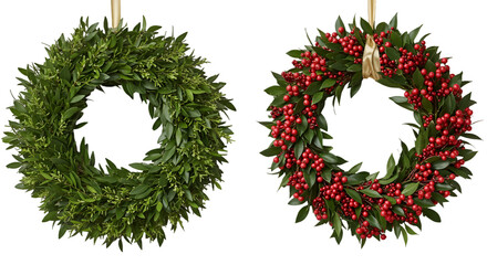 Two Isolated Christmas Wreaths Illustration With Red Berries And Green Leaves