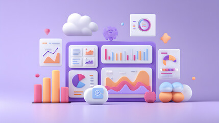 A purple background with a dashboard showing various charts and graphs in a cartoonish style