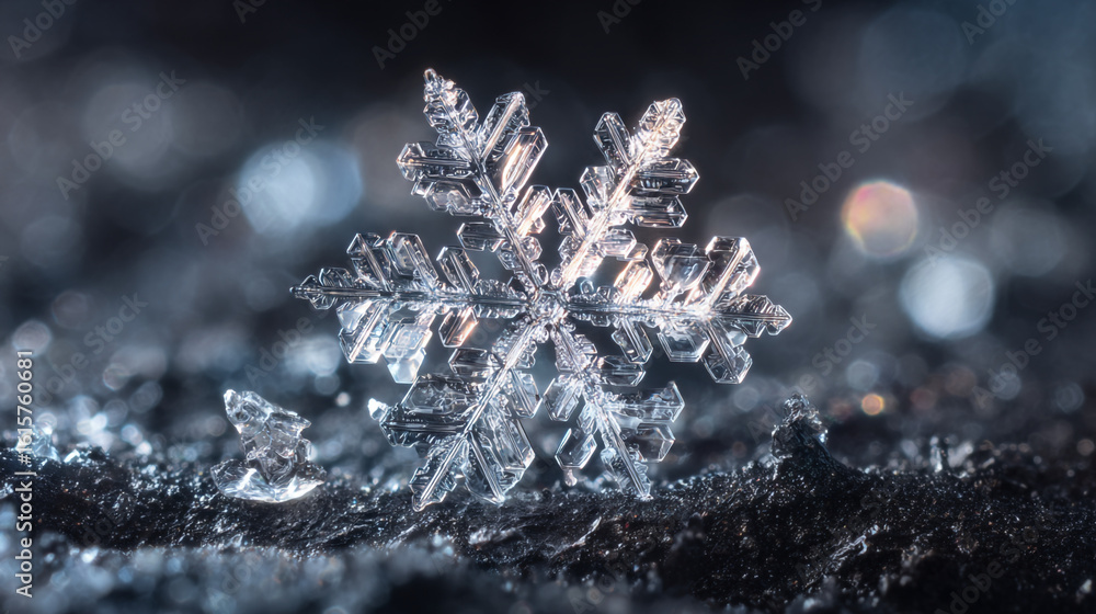 Poster a macro shot of a snowflake resting on a dark surface with bokeh background light