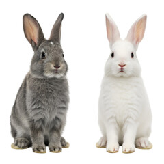 Two Rabbits Illustration Grey And White Bunnies Sitting On Transparent Background