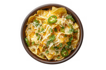 Delicious nachos bowl with cheese, jalapenos, and cilantro toppings stock photo for food bloggers and recipe sites isolated on transparent background