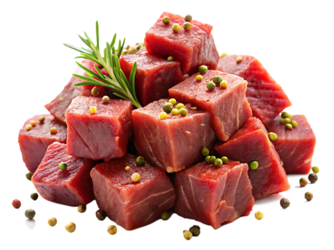  Pile of marinated raw beef cubes with spices on white background PNG.AI Generated.