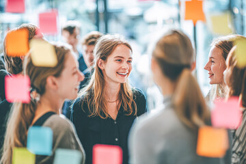 A group of young professionals engage in an animated discussion surrounded by colorful sticky notes on glass, suggesting a creative brainstorming session.