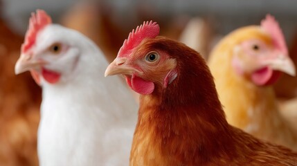 Close-up of colorful chickens in a farm setting. The birds display various shades of brown, white, and yellow. Perfect for agriculture themes, animal husbandry, or food industry projects. AI