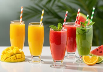 Assortment of colorful fruit smoothies in glasses with straws and fresh fruit pieces on a white surface