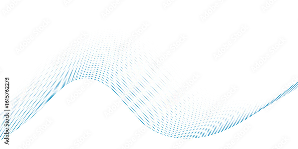 Poster dynamic particle waves in a blue halftone a flowing dot curve against a white backdrop, embodying te
