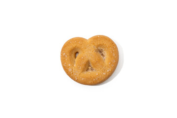 Pretzel-Shaped Cookie Close-Up White Background. A single pretzel-shaped Danish butter cookie covered in coarse sugar. Isolated on white background, highlighting its texture and golden color.