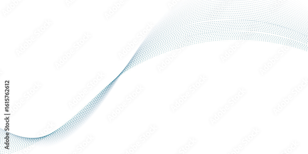 Poster dynamic particle waves in a blue halftone a flowing dot curve against a white backdrop, embodying te