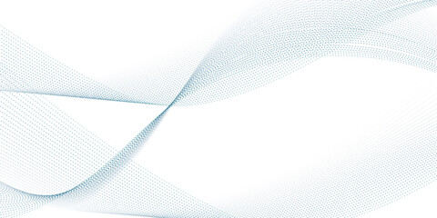 Blue dotted wave line pattern. Flowing dot particles wave pattern halftone black gradient smooth curve shape isolated on transparent background.	