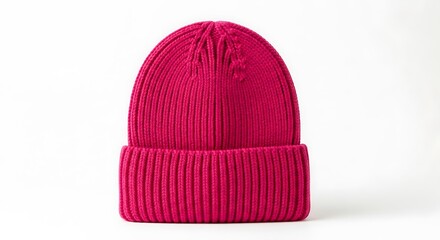 A vibrant pink ribbed knit beanie hat, isolated on a white background