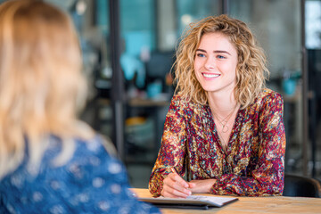 Two women engaged in a friendly conversation in a modern office environment, one smiling and holding a pen.