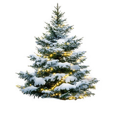 Fototapeta premium Snowy christmas tree with lights png, winter holiday season evergreen tree image, festive decoration, isolated on transparent background