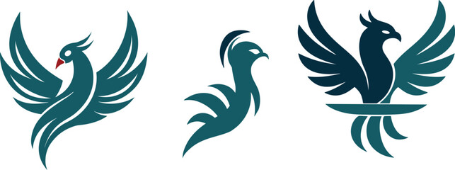Fototapeta premium A set of dynamic stylized phoenix or eagle bird logos in blue, symbolizing speed, ambition, and powerful growth for diverse brands.
