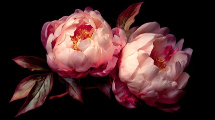 Two exquisite peonies in soft focus against a dark background.