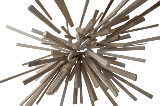 Abstract wooden structure: A contemporary, geometrically intriguing sculpture composed of numerous wooden elements, radiating outward from a central point.
