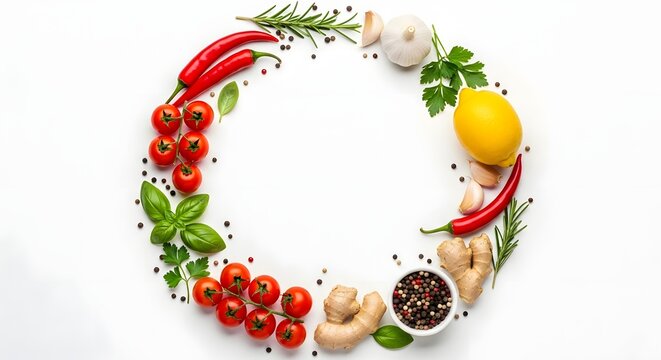 Fresh ingredients arranged in a circle on white background