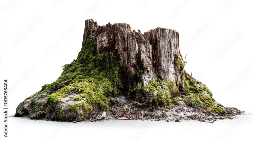 Poster isolated tree stump covered in moss with a rough textured surface on white background
