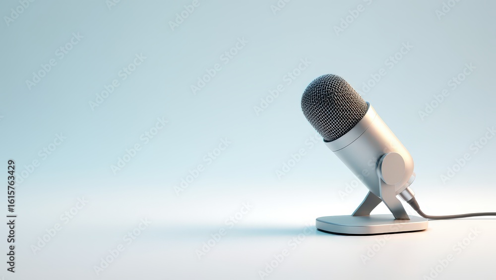 Poster sleek silver microphone on stand a professional audio device for recording and broadcasting on a cle