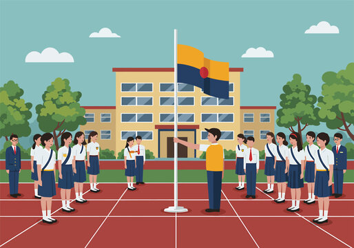 Students in uniform raise their nation's flag during a school assembly.