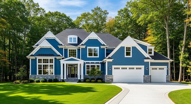 Luxurious blue home with green lawn and lush forest backdrop