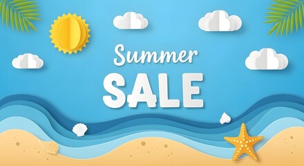 Summer sale announcement with beach and ocean scene