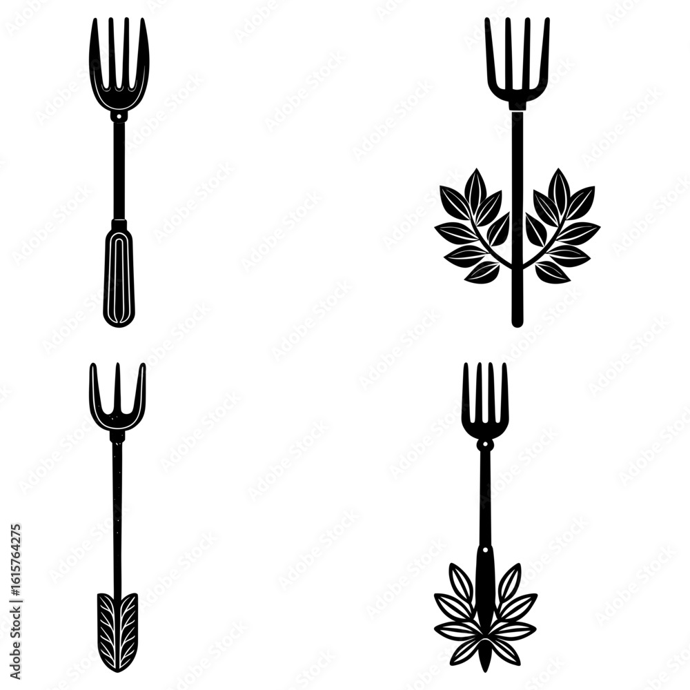 Poster four distinct fork designs with varying handle styles and leaf ornamentation in black and white draw