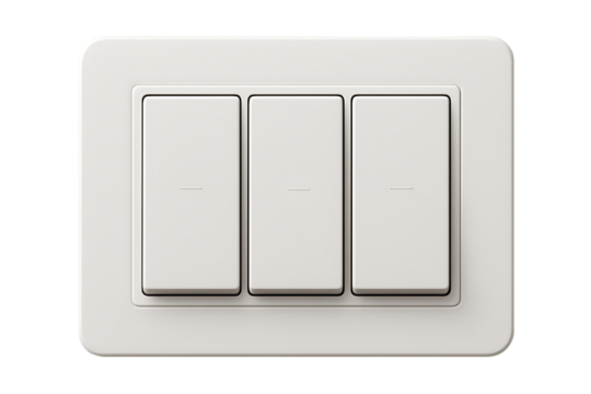 Front view of a minimalist electrical fixture with three switches, symbolizing choice, control, and power management in a home or office setting