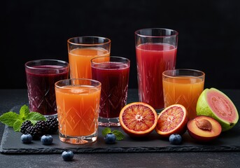 Assortment of colorful fruit juices in glasses with fresh fruits and berries on a dark surface