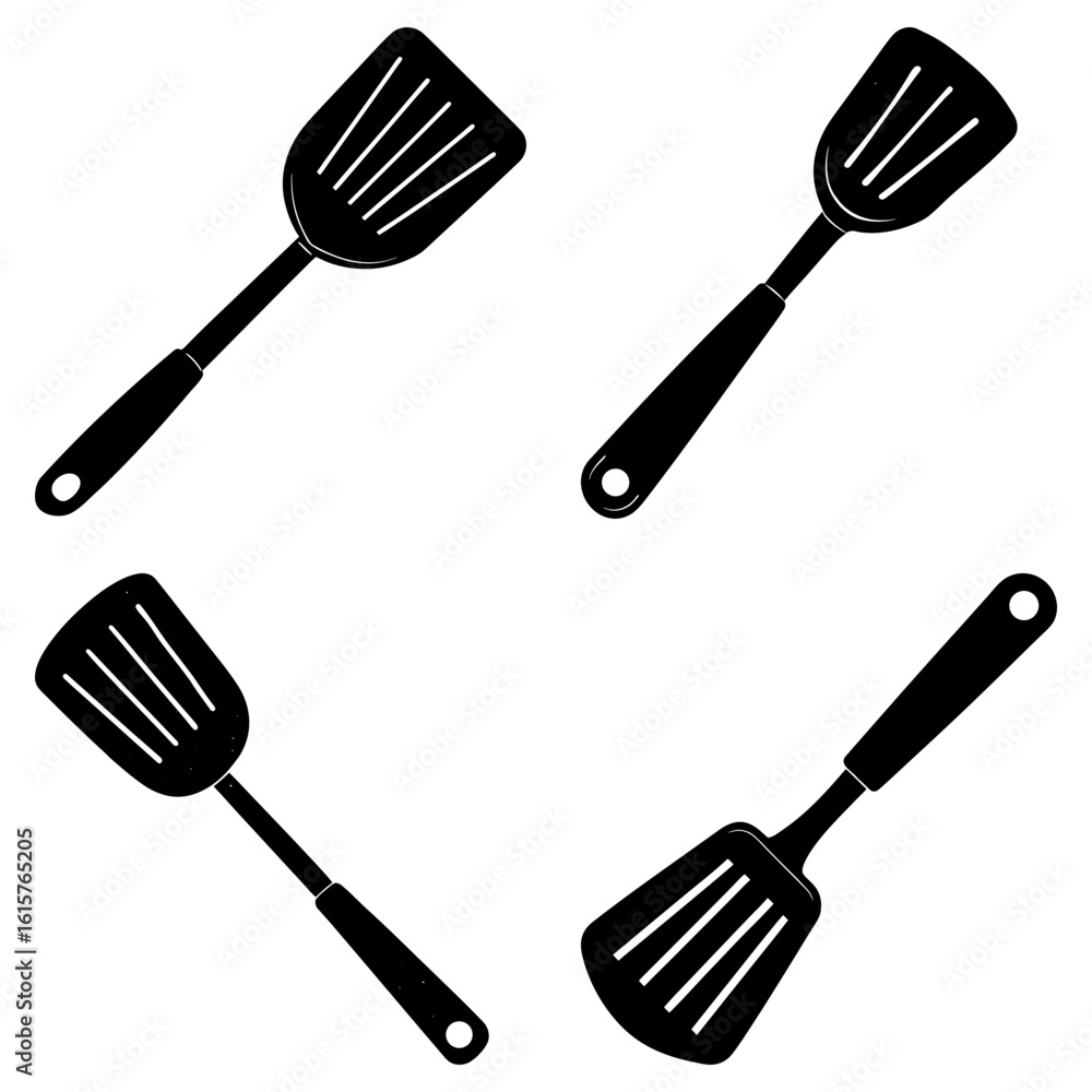 Poster a pattern of four black slotted spatulas arranged in a square on a white background in a simple styl
