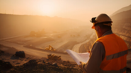 Mining Engineer in Orange Vest Reviewing Plans at Open Pit Mine at Sunset