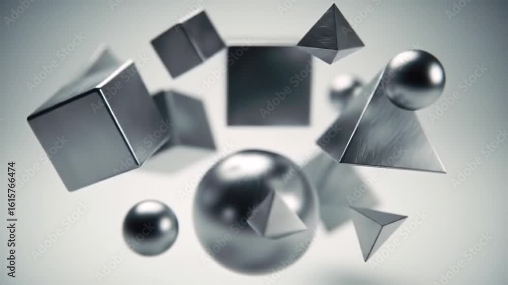 Poster abstract geometric shapes in silver metallic finish with spheres cubes and pyramids on a clean backg
