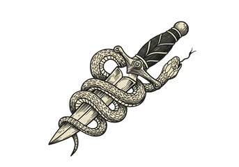 Vintage Illustration Of Snake And Dagger On Black Isolated Background