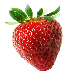 Single ripe strawberry, bright red, speckled with tiny seeds, verdant green leaves attached to the top