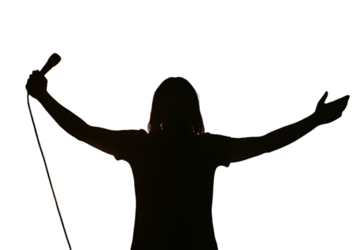 Silhouette Singer Performing with Microphone on Dark Stage Backlit Illustration