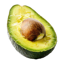Half an avocado, vibrant green flesh, displaying a dark brown seed in the center