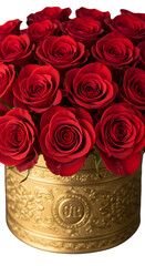 Vibrant Red Roses in Golden Box Luxury Floral Arrangement Isolated PNG