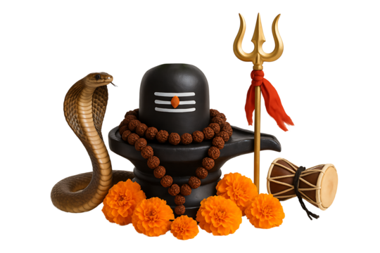Hindu God Shiva Symbols – Realistic Shivling Setup with Trident, Naga, Damru, and Prayer Flowers for Maha Shivratri