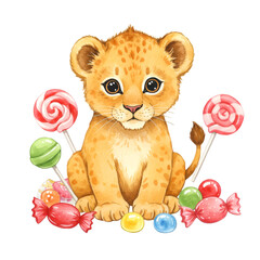Watercolor Illustration Of A Cute Lion Cub With Candies On A Transparent Background