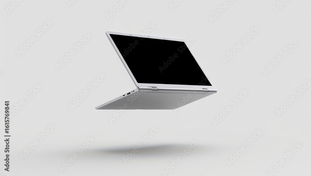Poster sleek and silver a modern laptop hovering in mid air for enhanced productivity and connectivity a li