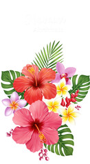 Obraz premium Tropical Floral Illustration With Red Hibiscus and Pink Flowers Transparent Background