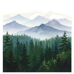 Watercolor Illustration Of Misty Mountains With Green Forest And Blue Hues