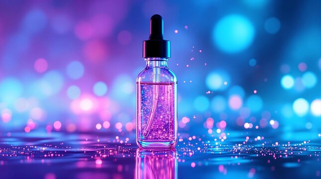 Serum bottle mockup cosmetic product with dropper on neon background skincare beauty product