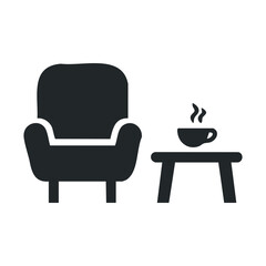 Cozy armchair with coffee cup on side table icon in black and white