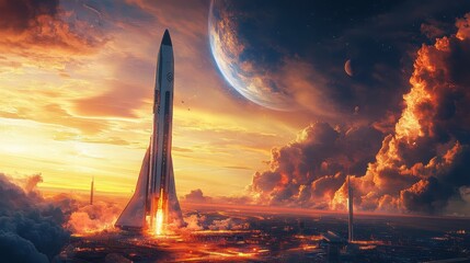 A space station with a rocket and a rocket ship