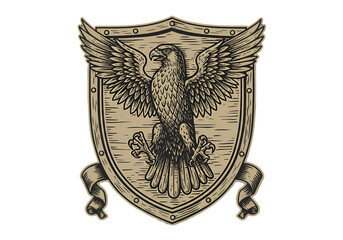 Vintage Eagle Emblem Illustration On Shield With Wings And Heraldry Design