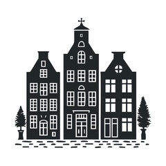 Fototapeta premium Silhouette of historic european townhouses with trees and paved street