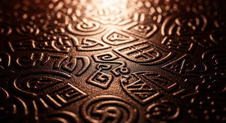 Close-up of intricate embossed patterns on dark leather, illuminated with warm light, creating a rich and elegant visual texture.