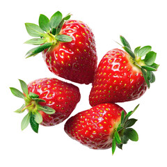 Close-up of four fresh strawberries arranged in a cluster.  Bright red berries with visible seeds.  Green leafy tops are attached. Isolated on black background