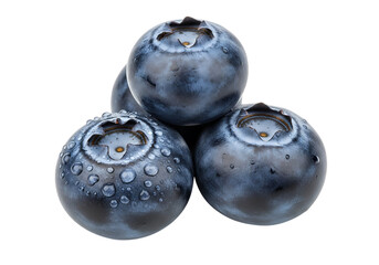 Close-up of three dew-covered blueberries, dark moody style, isolated on ,  transparent background