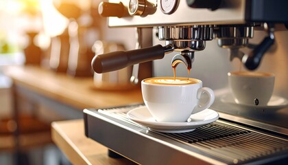 Preparing a cup of cappuccino using a professional espresso machine, steaming milk and brewing fresh coffee in a cozy café with warm ambient lighting